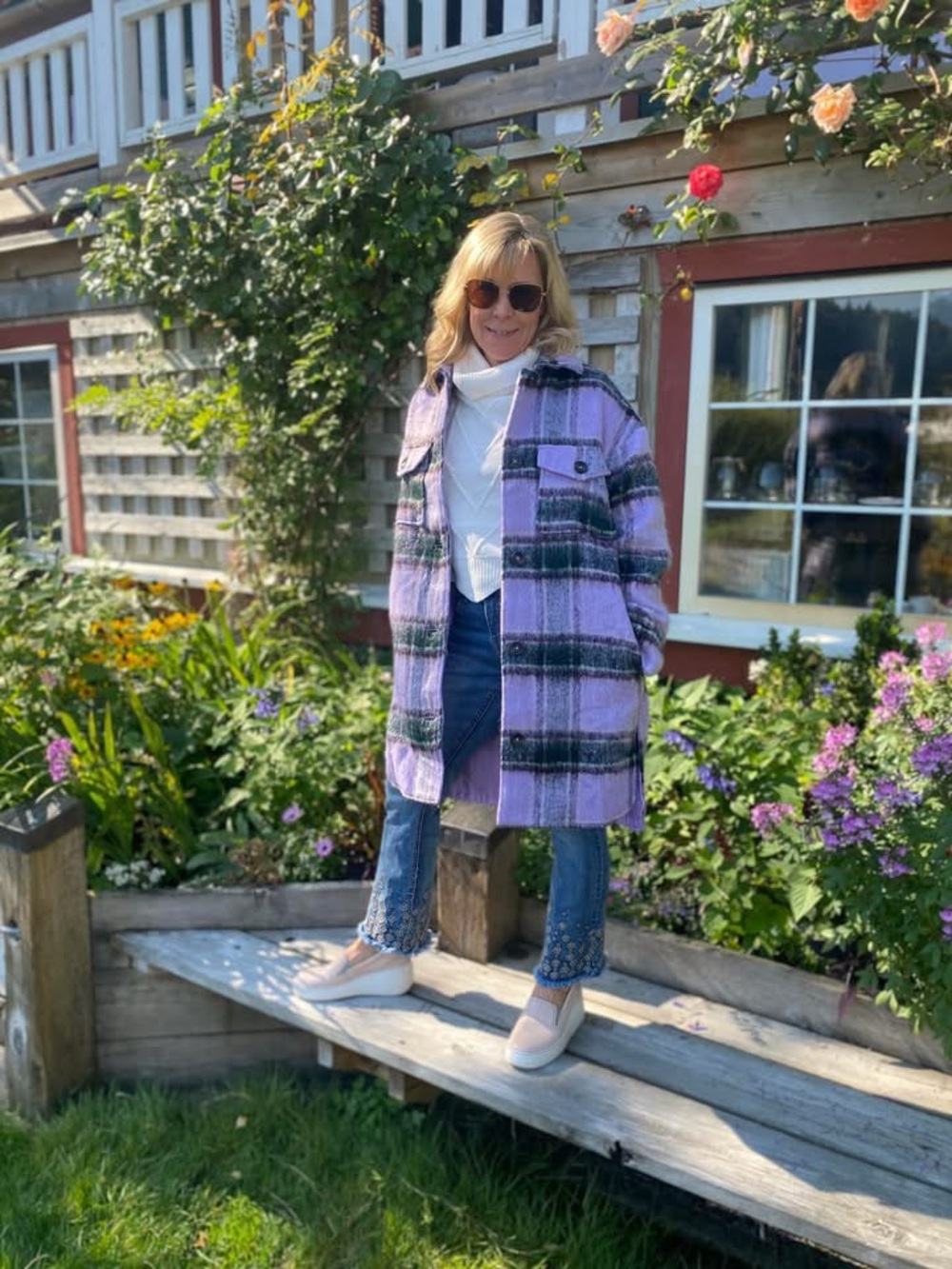 Madison Lavender and Dark Green Plaid Wool-Blend Pea Coat/Shacket